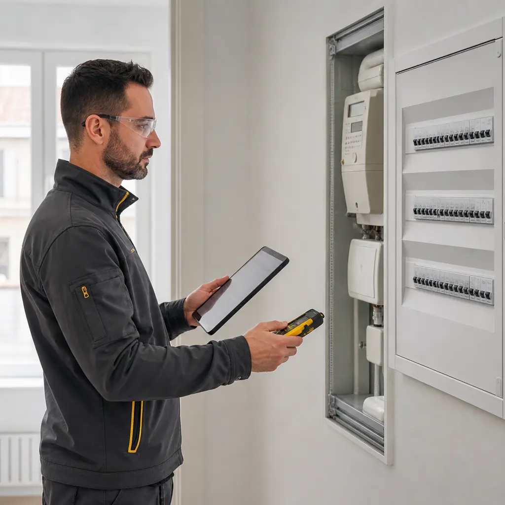 Técnico revisando un cuadro antes de preparar el certificado de instalación