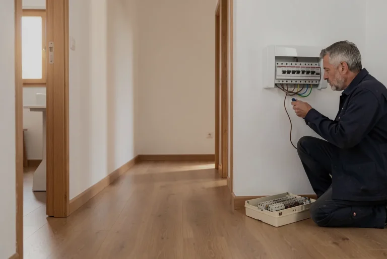 Un electricista arrodillado trabaja con un destornillador en el cableado de un cuadro eléctrico nuevo, en un pasillo