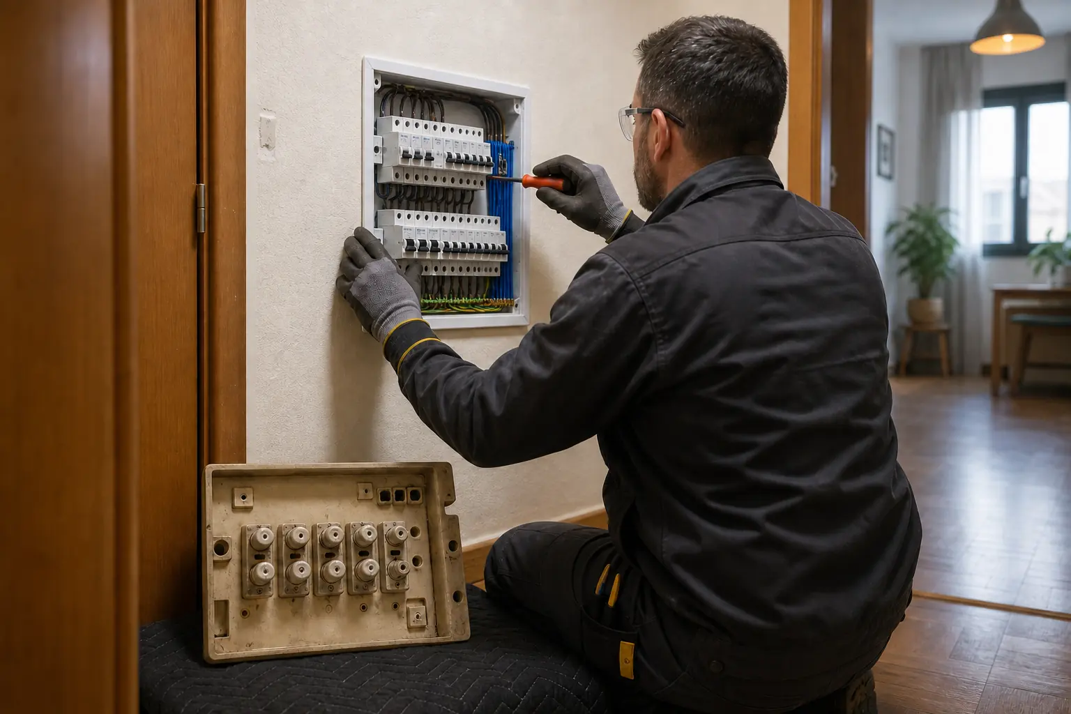 Electricista sustituyendo un cuadro eléctrico antiguo