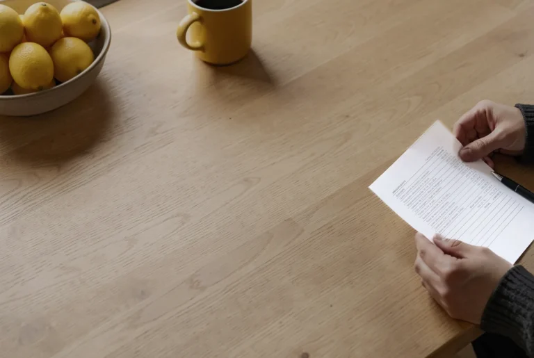 Una persona revisa un presupuesto de electricista impreso sobre una mesa de madera, junto a un bolígrafo y una taza de café