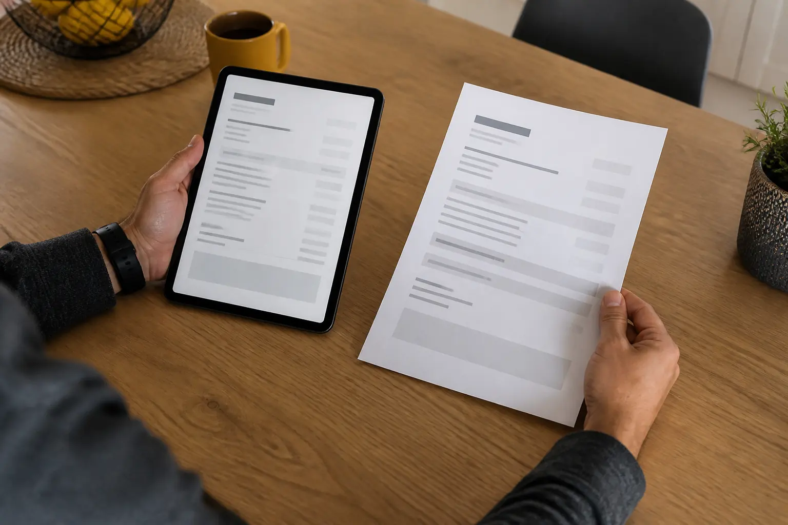 Persona comparando dos presupuestos eléctricos, uno en tableta y otro en papel