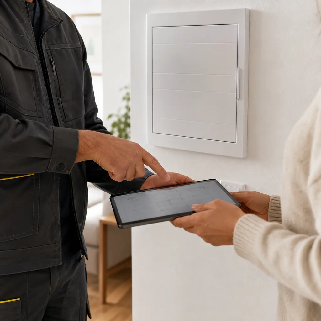 Profesional y cliente revisando una propuesta para una instalación eléctrica
