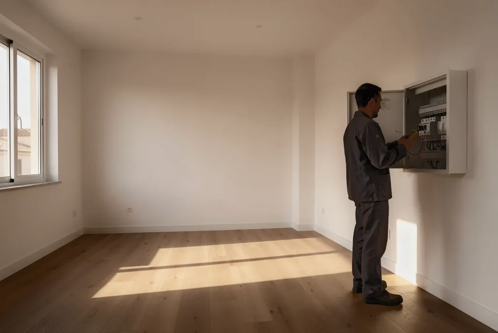 Un electricista comprueba con un polímetro el cuadro eléctrico abierto de una vivienda vacía y recién reformada