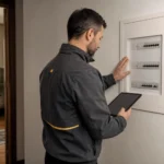 Electricista revisando el cuadro de una vivienda antigua