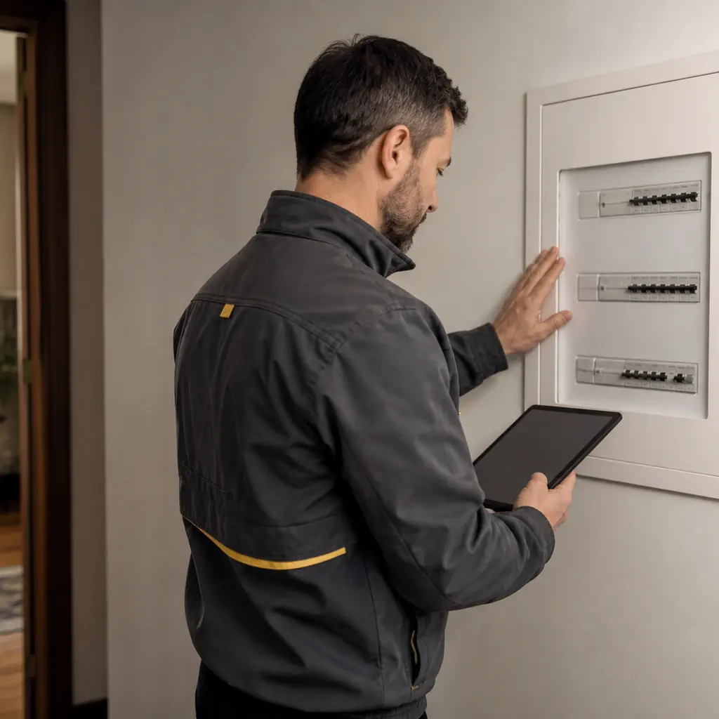 Electricista revisando el cuadro de una vivienda antigua