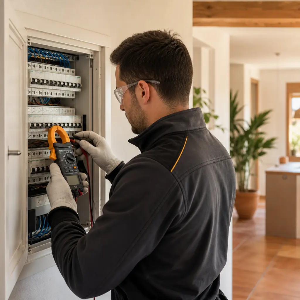 Electricista comprobando el cuadro eléctrico de una vivienda