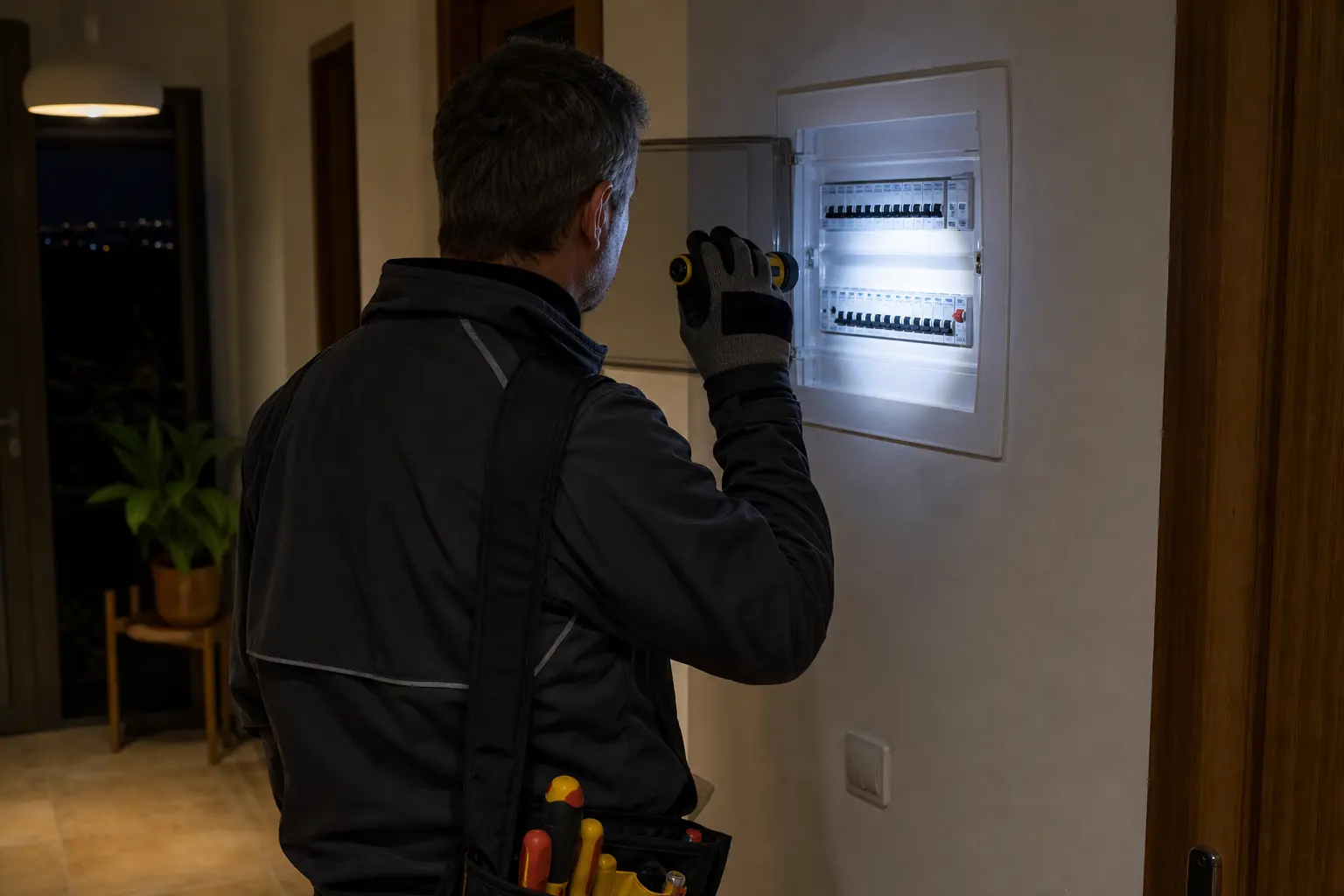 Electricista inspeccionando una avería eléctrica con poca luz