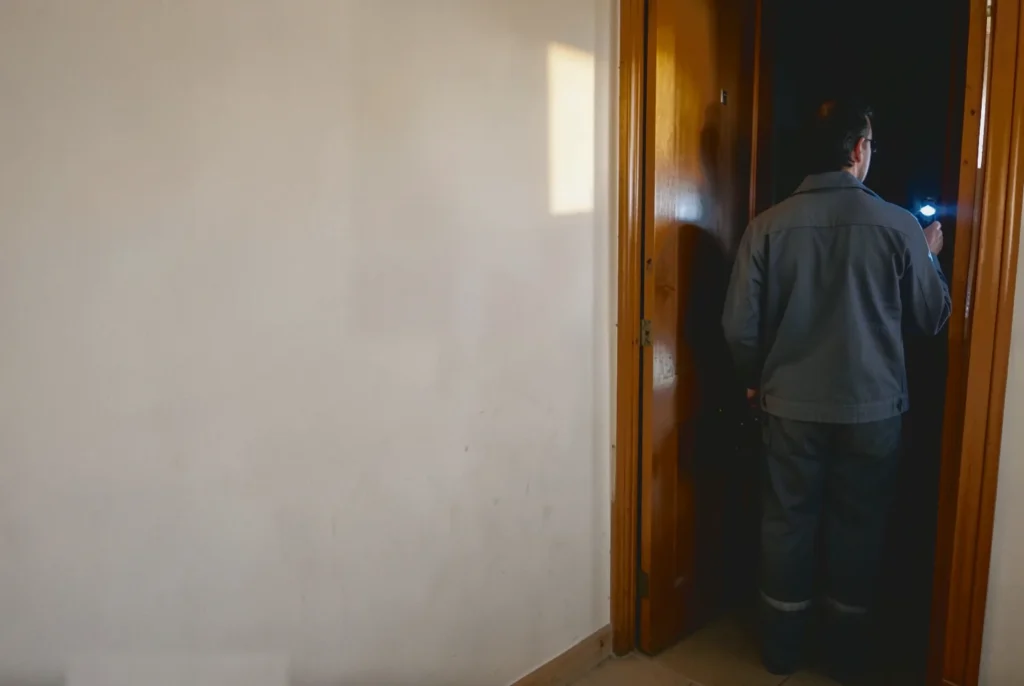 Un electricista con caja de herramientas y linterna entra en un piso que se ha quedado sin luz