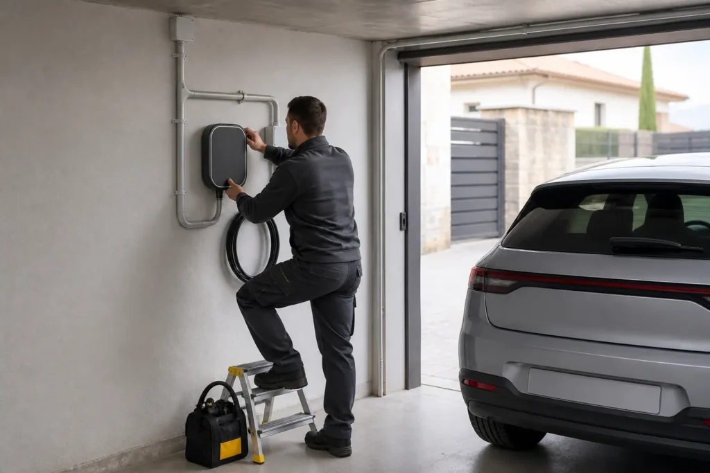 Electricista instalando un cargador de coche eléctrico en un garaje