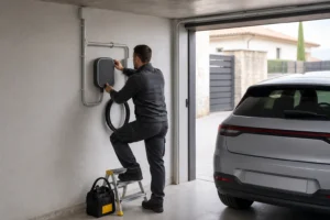 Electricista instalando un cargador de coche eléctrico en un garaje
