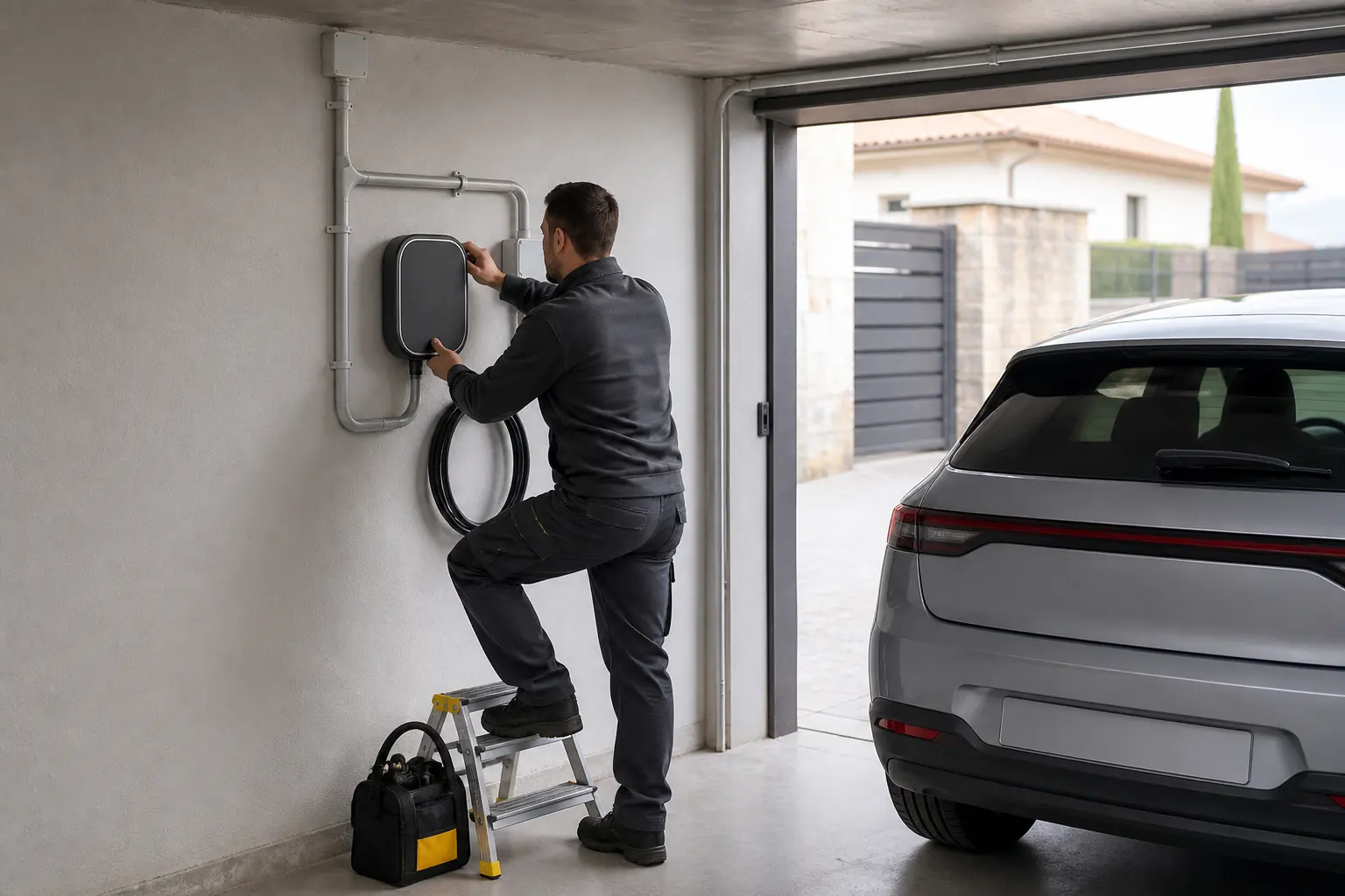 Electricista instalando un cargador de coche eléctrico en un garaje