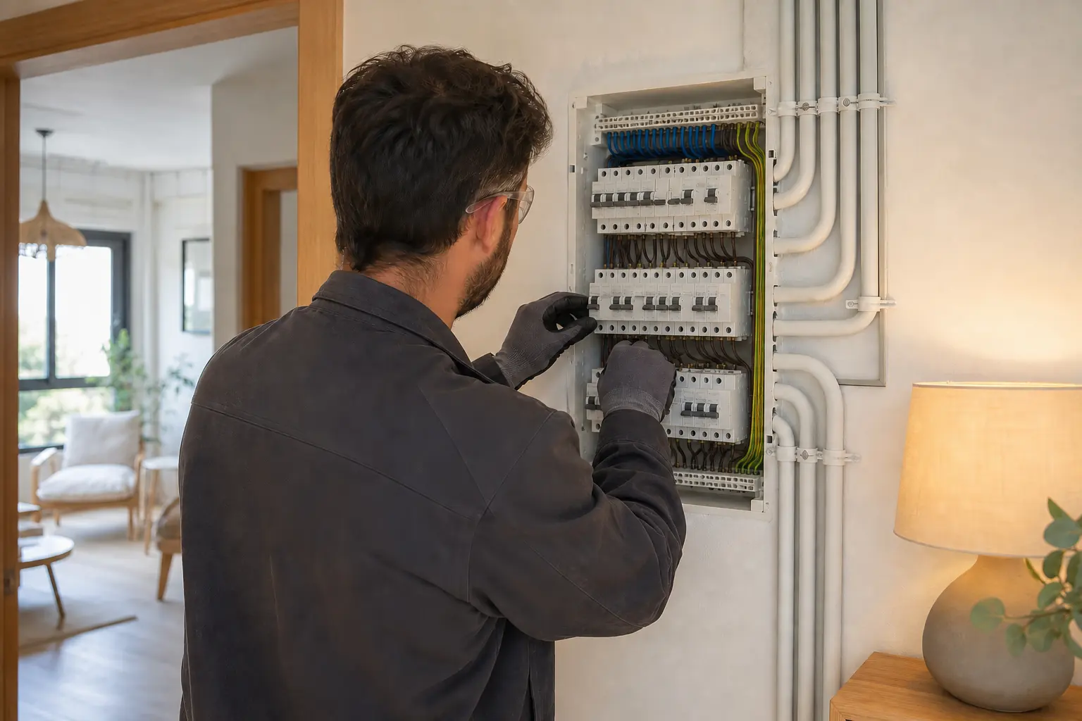 Electricista revisando una instalación eléctrica residencial