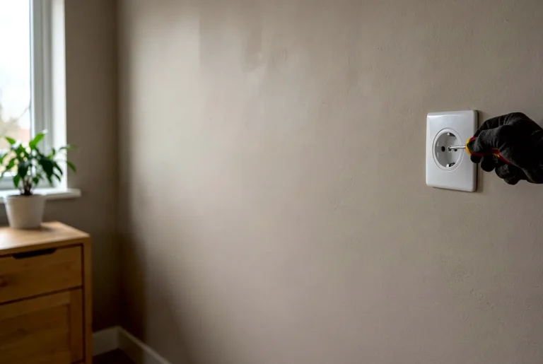 Un electricista con guantes aprieta con un destornillador el tornillo de la tapa de un enchufe nuevo en la pared de un salón