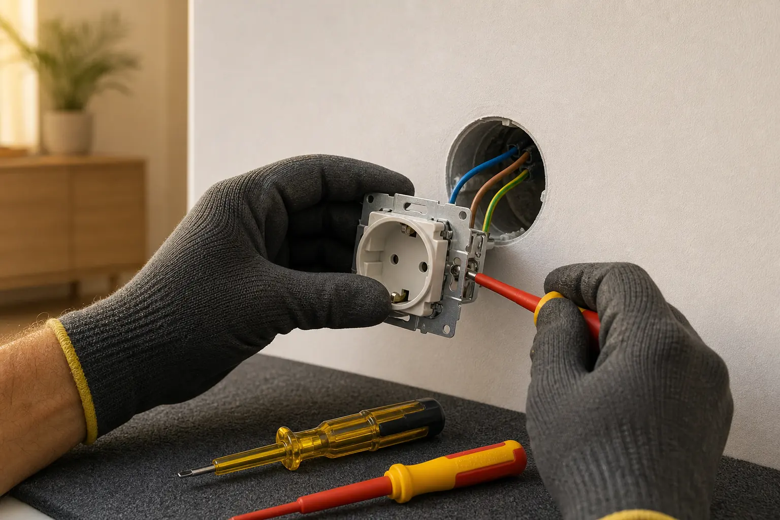 Electricista instalando un enchufe Schuko en una vivienda