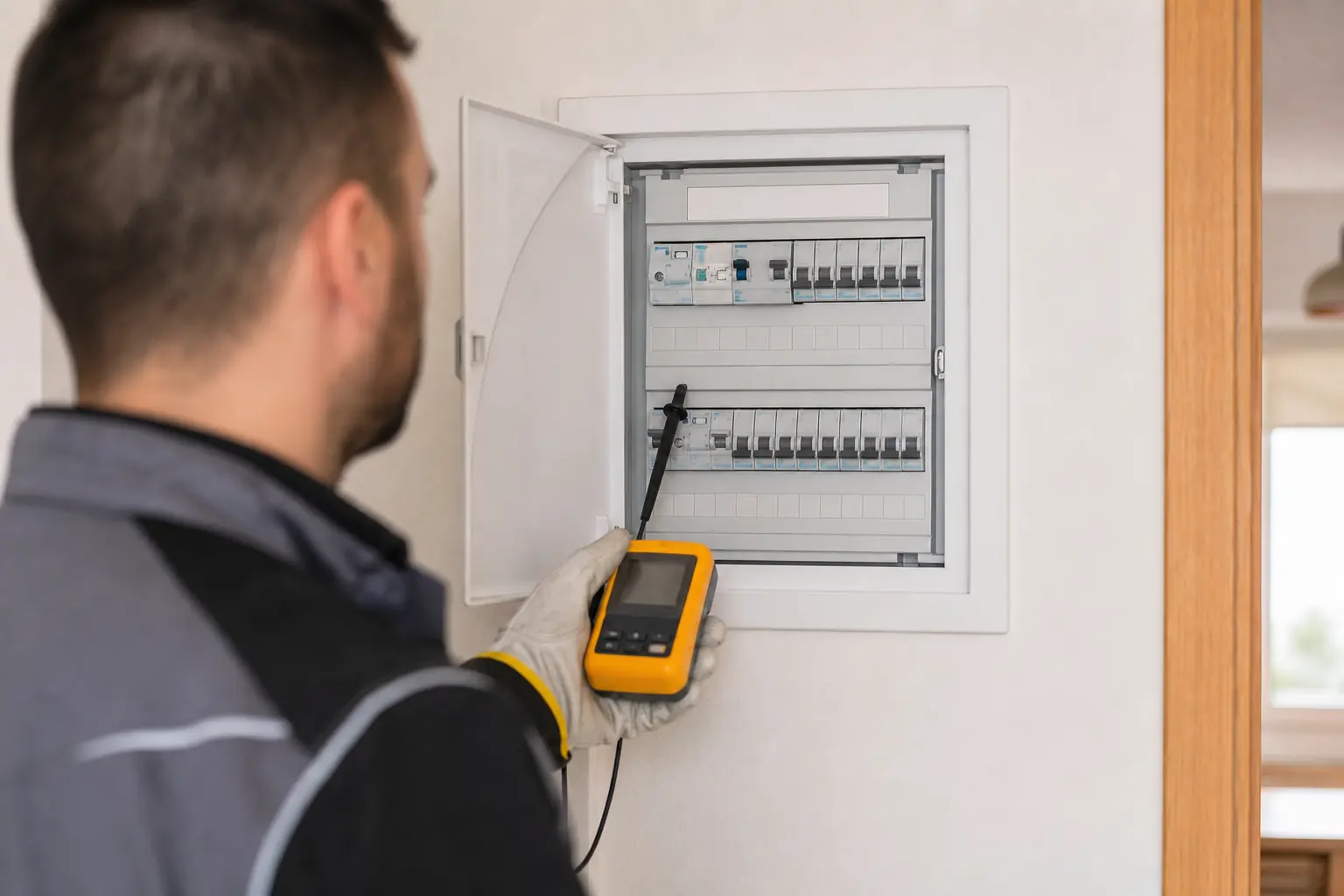 Electricista diagnosticando un diferencial en un cuadro doméstico