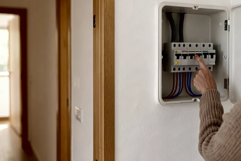 Una mano sube la palanca de un automático en el cuadro eléctrico del pasillo de una vivienda