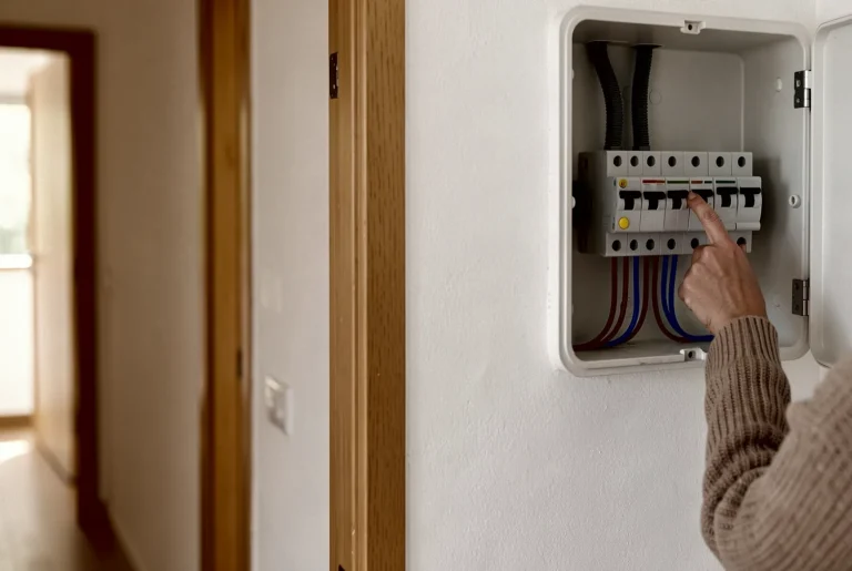 Una mano sube la palanca de un automático en el cuadro eléctrico del pasillo de una vivienda