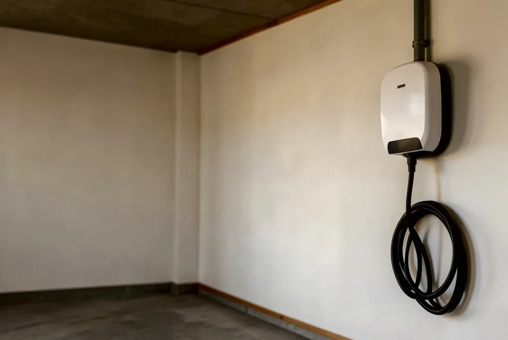 Punto de recarga para coche eléctrico en la pared de un garaje, con el cable enrollado colgando debajo