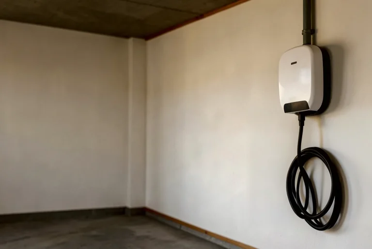 Punto de recarga para coche eléctrico en la pared de un garaje, con el cable enrollado colgando debajo