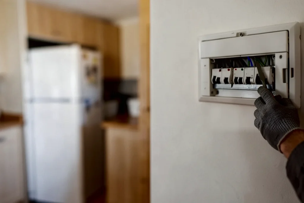 Un electricista aprieta con un destornillador el borne de un interruptor diferencial en el cuadro eléctrico de una vivienda